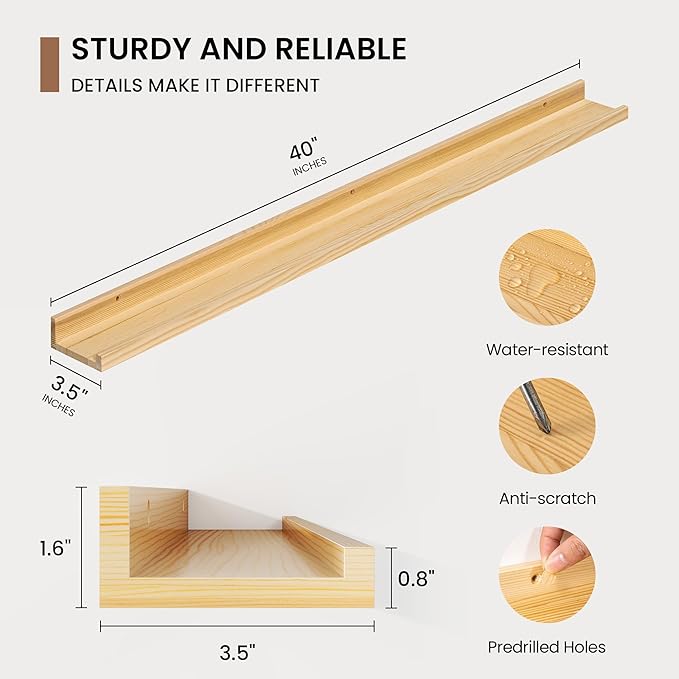 Picture Ledge Shelf, Solid Pine Wood Floating Shelves Set of 2, 40 Inches Nursery Book Shelves for Toys Storage, Kids Bookshelf Wall Mounted for Living Room Bedroom Decor Books Photo Frames, Natural