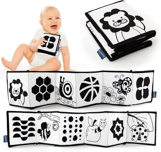 My First Black and White High Contrast Soft Book , Infant Tummy Time Toys, Black and White Baby Cards, Folding Educational Activity Cloth Book Suitable for Boys Girls Toddler