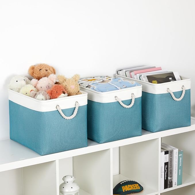 Bidtakay Large Storage Baskets for Shelves 3 Pack 16x11.8x11.8 Inch Storage Bins for Organizing Fabric Storage Cubes for Closet Clothes Basket Laundry-White&Teal