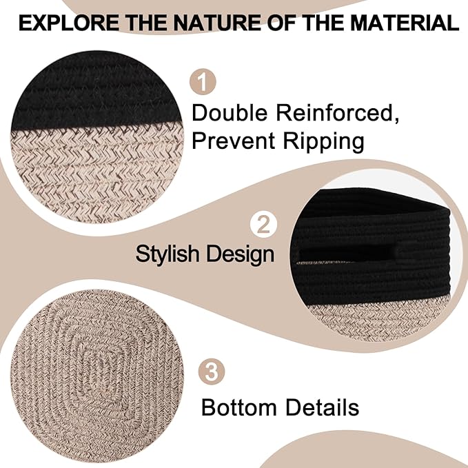 OIAHOMY Cube Storage Basket, 3-Pack Woven Cotton Rope Baskets for Storage, 11-Inch Cube Basket with Handles, Great for Shelves, Closets, Children's Toy Storage and Organization-Black & Brown