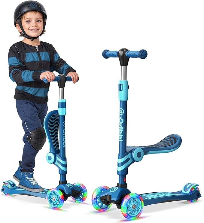 Blue 3 Wheel Scooter with Seat for Kids – Light-Up LED Wheels, Adjustable Handlebar and Seat, Smooth PU Wheels, Wide Anti-Slip Deck, Rear Foot Brake – Toddler Outdoor Toys for Ages 2+
