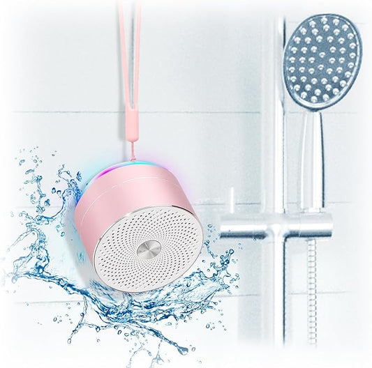 Mini Bluetooth Shower Speaker, IPX6 Waterproof Speaker, with RGB Lights, Mic, Portable Silicone Lanyard, Suction Cup, Clear Sound&Rich Bass, 12h Playtime, Small Pink Gifts for Girls Women