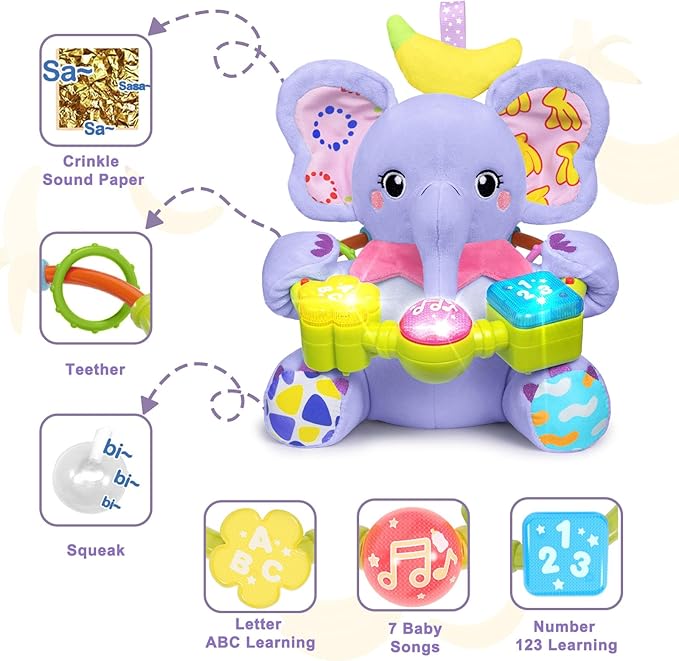 Baby Elephant Musical Stuffed Animals Toy with Light-Up Music & Crinkle Sound Paper,Infant Bilingual Early Learning Education Toys,Tummy Time Toys for 0-3-6-12+ Months Boy Girl, Purple