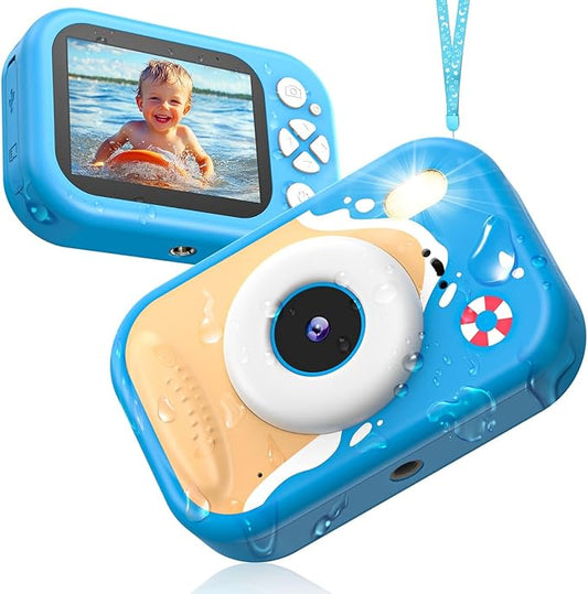 Kids Camera Waterproof, IP68 Underwater Camera for Kids Aged 3-12, HD Kids Digital Camera with 1080P Video Recording, Durable ABS Material, Pool Toys for Boys Girls with 32GB Card(Blue)