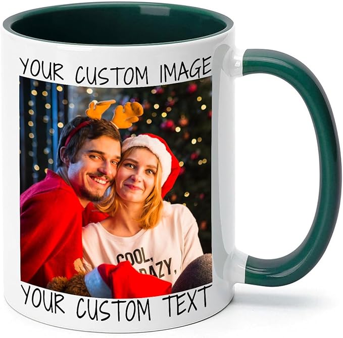 Ship Next Day Custom Mug Design Your Own Photo Text Personalized Picture Gifts for Women Men Customized Gifts Idea Personalized Coffee Mugs 11oz Dark Green Handle