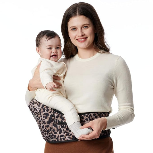 Momcozy Hip Seat Baby Carrier - Adjustable Waistband with Original 3D Belly Protector, Ergonomic Carrier with Various Pockets for Newborns & Toddlers up to 45lbs (Leopard, Large)