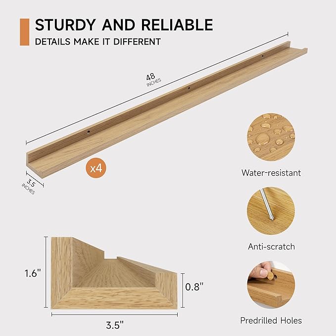 Picture Ledge Shelf for Wall, Floating Shelves Set of 4, 48 Inch Long Nursery Book Shelves for Toys Storage, Kids Bookshelf Wall Mounted for Books Photo Frames, Oak