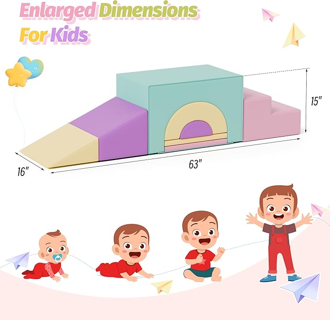 ‌Soft Climbing Toys for Toddlers, 7-Piece Baby Soft Foam Climbing Blocks, PU Leather Gym Climb and Crawl Activity Play Set, Indoor Climbing Toys for Kids and Children, Pink