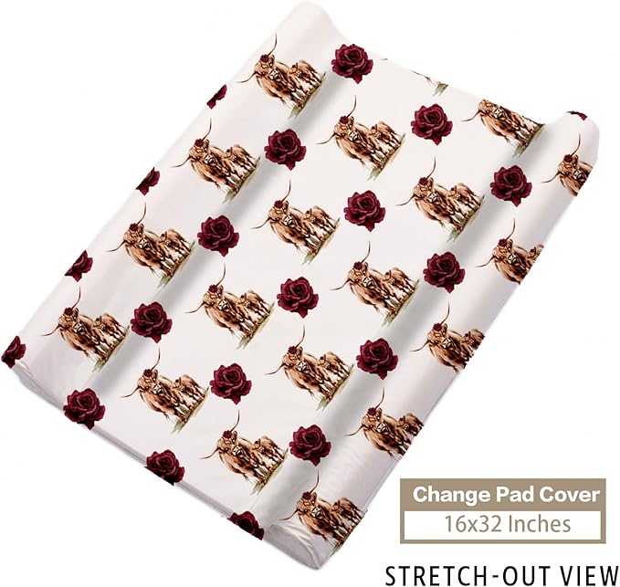 Custom Name Crib Bedding Set - Highland Cow Theme, Personalized Rose Floral Nursery Bedding 3-Piece Set– Soft Blanket, Fitted Sheet, Changing Pad Cover – for Newborns Girls Nursery Gifts