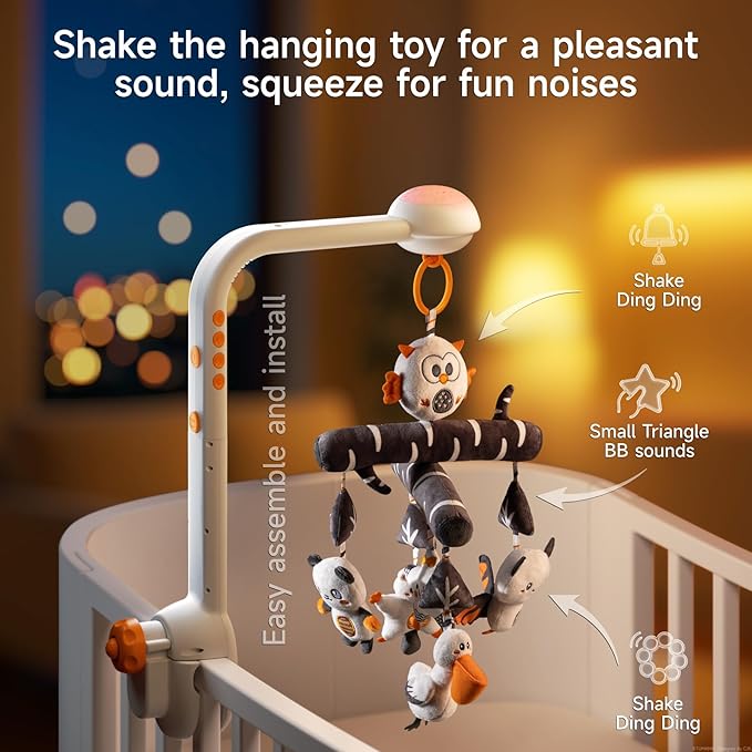 TUMAMA Baby Crib Mobile, High Contrast Baby Crib Toy with Projection Night Light, Music and White Noise, Soft Plush Animal Black and White Hanging Toy for Infant 0 3 6 9 Months Newborn Gift