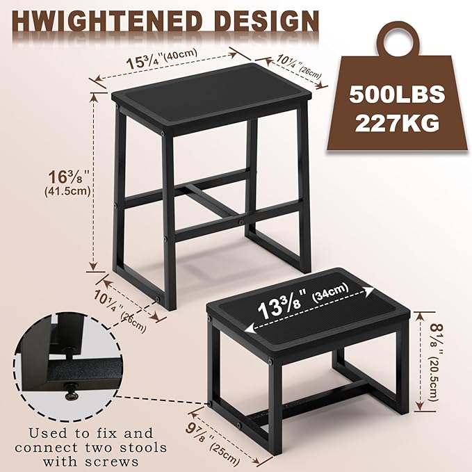 Step Stool for Kids Adults,Holds up to 500Lb,3 in1 Heavy Duty Sturdy Two Foot Stool for Kichen/Bathroom/High beds, Wooden&Metal Frame, Non-Slip Pads…