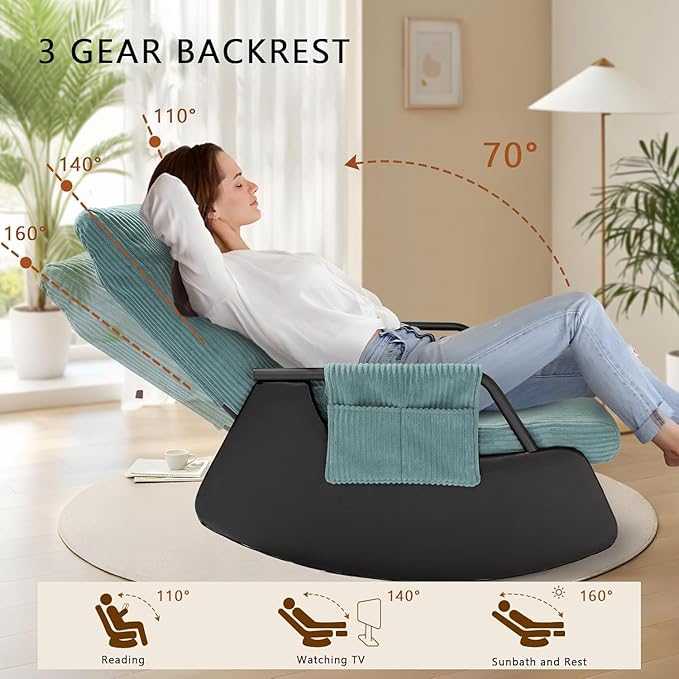 Rocking Chair for Nursery, Modern Upholstered Plush Seating Glider Recliner Chair with High Backrest and Side Pocket, Accent Armchair with Cushions for Living Room/Reading (Cyan Blue)