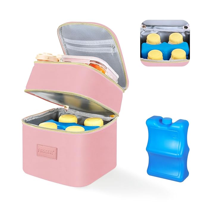 PIIOSER Breast Milk Storage Cooler Bag with Ice Pack, Fits 4 Baby Bottles Up to 5 Ounce, Small Insulated Breastmilk Cooler Travel Bag with Handle Buckle for Nursing & Working Mom Daycare(Pink-XS)