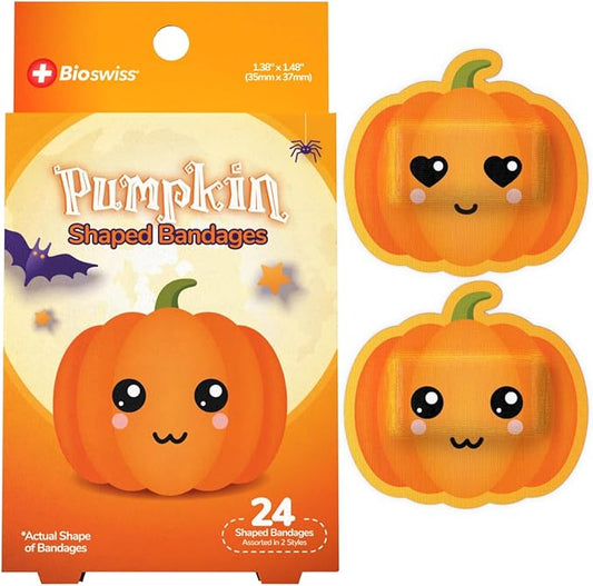 BioSwiss Bandages, Halloween Pumpkin Shaped Self Adhesive Bandage, Latex Free Sterile Wound Care, Fun First Aid Kit Supplies for Kids, 24 Count