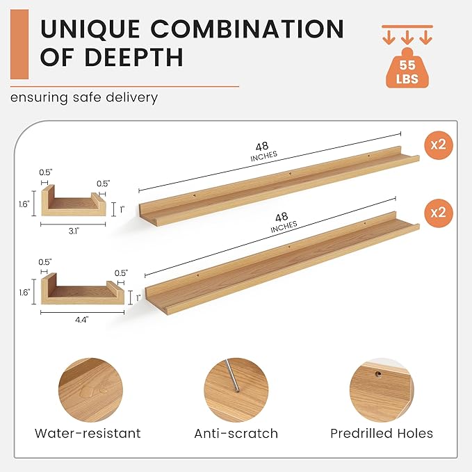 Floating Picture Ledge Shelves for Wall Set of 4, 48 Inch Wall Shelves with Lip Long Large Nursery Book Shelf for Toys Storage Kids Bookshelf Wall Mounted Living Room Bedroom Decor Frames