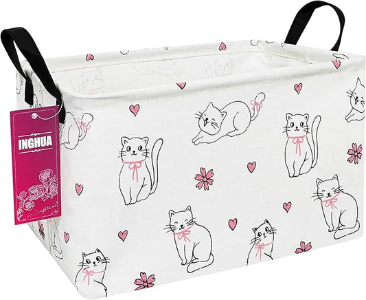 Rectangular Storage Basket Fabric Organizer Bin for Toys,Books,Clothes,Gifts,Pets-Perfect for Home,Office,Nursery,Dorm,Shelf(Rec-Love cat )