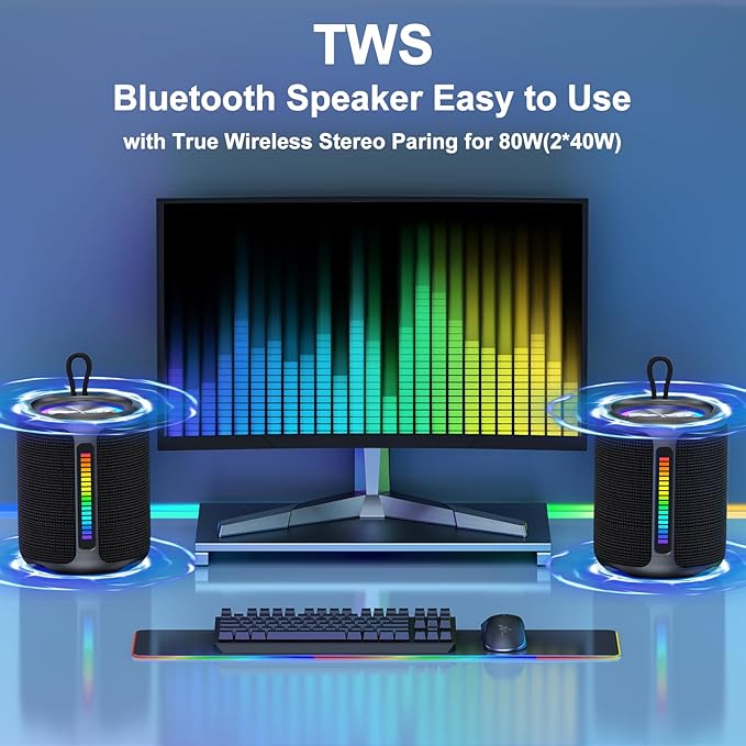 PoP voice Portable Wireless Bluetooth Speaker,40W(50W) Peak Stereo Sound Shower Speaker,IPX7 Waterproof Speaker with Deep Bass,RGB Light,Preset EQ,TWS,for Home/Camping/Gifts, BT5.3 Speaker,Up to 24H