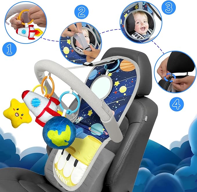 Car Seat Toys for Baby Infant 6 Months and Up, Carseat Toys with Musical Pedal Piano, Baby Mirror and Hanging Squeaky Sensory Soft Baby Toys 6 to 12 Months, Baby Car Toys Rear Facing
