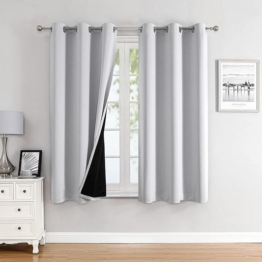 ChrisDowa 100% Blackout Curtains 63 inch Long for Bedroom with Black Liner, 2 Thick Layers Total Blackout Thermal Insulated Grommet Window Curtains 2 Panels Set (Greyish White, 38 x 63 Inch)
