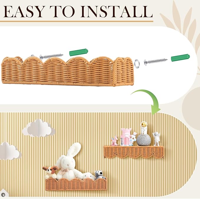 Pinkunn 3 Set Nursery Book Shelves Scalloped Rattan Wall Shelf 15.8 x 3.2 Inch Wall Mounted Plastic Floating Book Shelve, Hanging Boho Wicker Woven Shelf for Nursery Decor and Storage (Natural Wood)