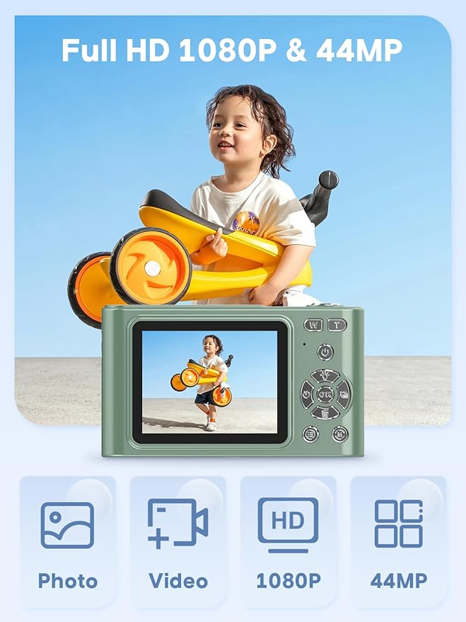 Digital Camera, 44MP Full HD 1080P Point and Shoot Camera with 64GB Card, Anti Shake 16X Zoom Compact Volg Cameras, Portable Small Camara Gift for Kids, Ages Teen Girl Boy - Green