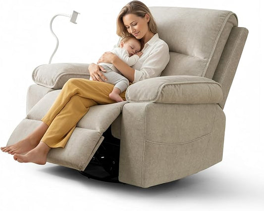 Rocking Chair Nursery Swivel Rocker Recliner with Phone Holder,Nursing Chair for Breastfeeding with Foot Rest,Beige