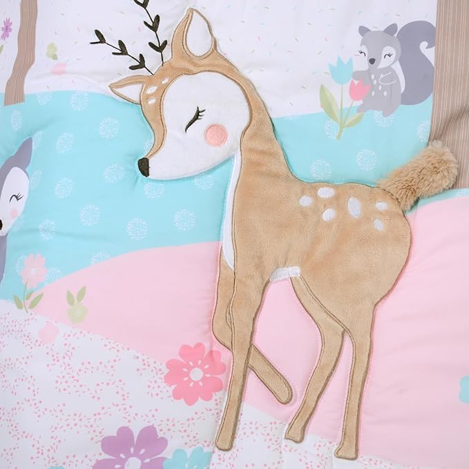 UOMNY Crib Bedding Set for Girls 3 Piece Woodland Baby Girl Crib Bedding Set Include Fitted Crib Sheet Comforter Crib Skirt