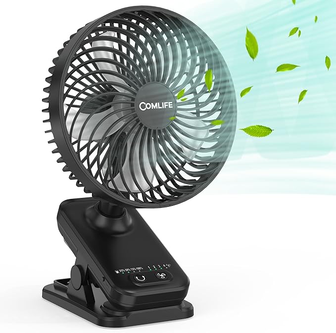 7-Inch Clip On Fan,10000mAh Rechargeable Battery Operated Desk Fan,Auto Oscillation Stroller Fan,Max 40Hrs Cooling,4 Speeds Table Fan with Sturdy Clamp for Golf Cart Office Treadmill Travel Outdoor