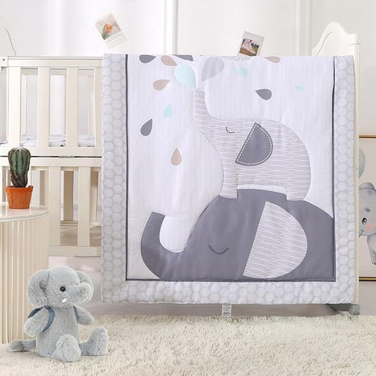 Wowelife Mini Crib Bedding Set for Boys, Premium 3-Piece Elephant Baby Bedding Set Elephant, Baby Nursery Comforter Bed Set with Crib Comforter, Skirt and Sheet, Gray