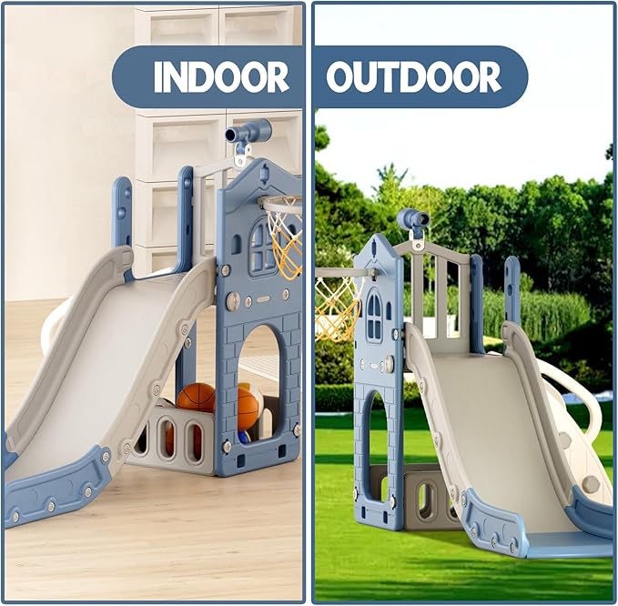 XJD 5 in 1 Toddler Slide, Kids Slide for Toddlers Age 1-3, Outdoor Indoor Playset for Toddlers with Basketball Hoop and Ball, Storage Space and Non-Slip Steps Telescope (Blue)