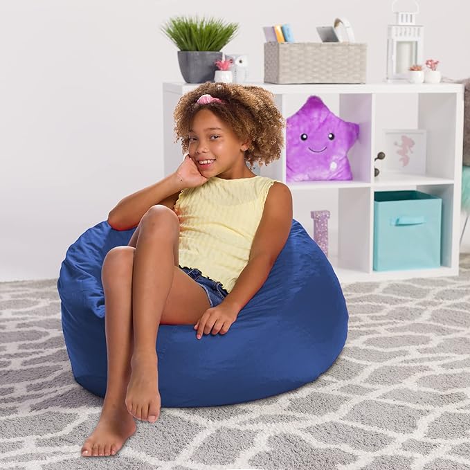 Posh Creations Structured Comfy Seat for Playrooms and Bedrooms, Large Bean Bag Chair, 100in Round Classic Bean Bag, Navy