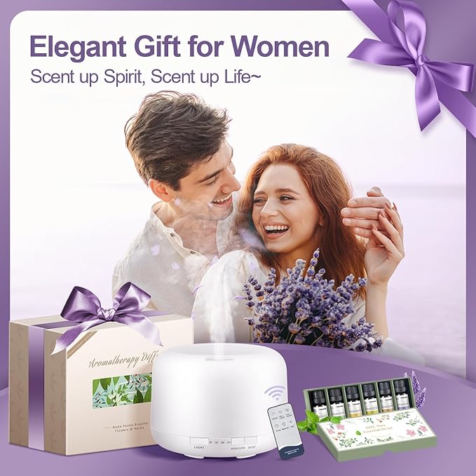 Diffusers for Essential Oils Large Room 500ML+6 Oil Set, Bluetooth Speaker+Remote+8 RGB Lights Essentail Oil Diffuser, Easy to Use & 23Db 100% Quiet Oil Diffuser Large Room, Diffusers for Home