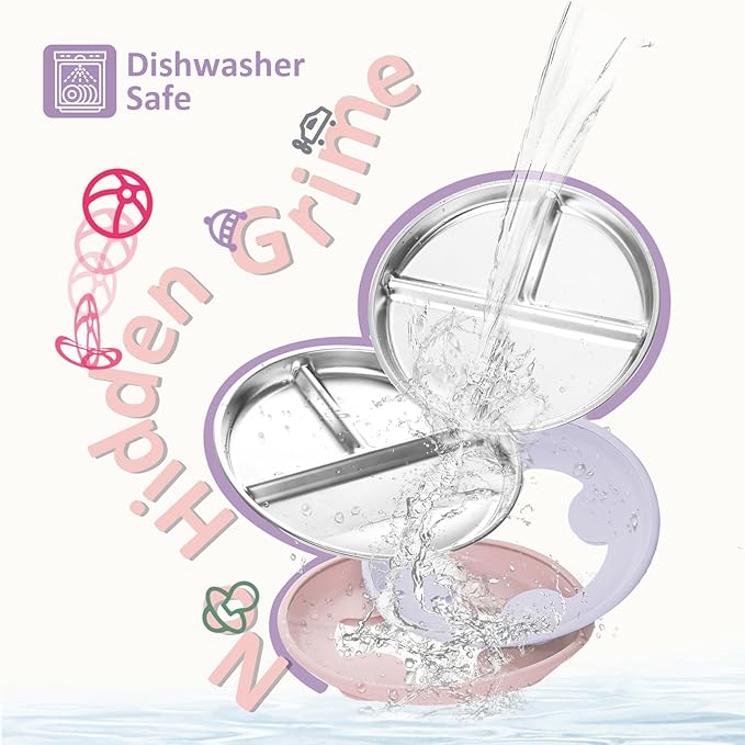 Stainless Steel Suction Plates for Toddlers, 9" Divided Kids Baby Plates with Removable Silicone Suction, Non Toxic Non Slip Portion Control Snack Dishes 3 Packs, Pink Beige Lilac