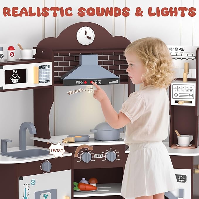ANPABO Play Kitchen for Kids, Wooden Kitchen Playset w/Real Lights & Sounds, Coffee & Ice Maker, Microwave, Stove, 30Pcs Accessories Include Play Food, Pretend Play Set for Boys & Girls, Espresso