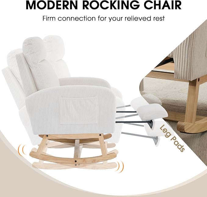 NIOIIKIT Nursery Rocking Chair, Corduroy Upholstered Rocking Chair with Adjustable Footrest, Tufted Rocker Chair with Side Pocket, Glider Rocker for Living Room, Bedroom (White Modern)