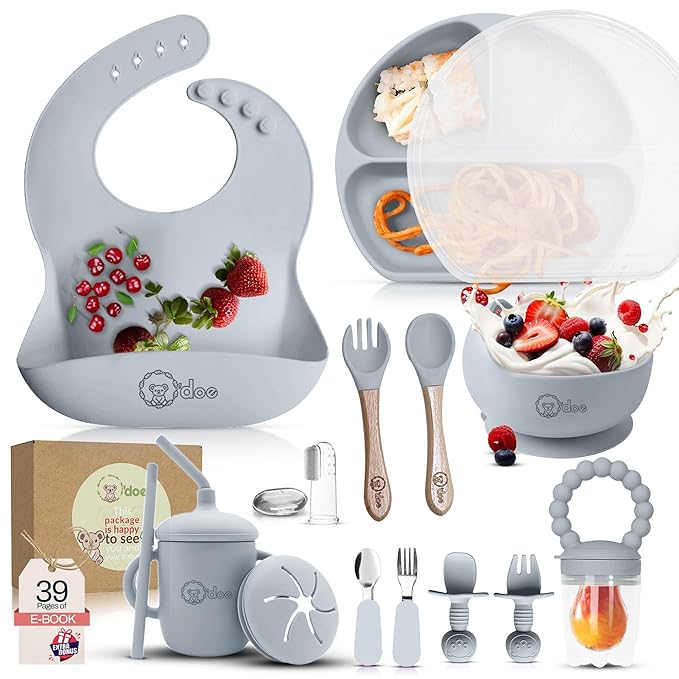 O'doe 17-Piece BPA-Free Silicone Baby Feeding Set | Thick & Soft Suction Plates, Baby Bowls, Wooden Fork & Spoon, and More | Make Mealtime Fun and Easy for Your Little One (Grey, V2)