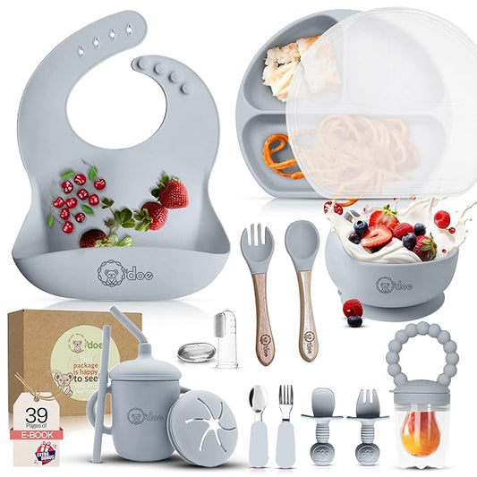 O'doe 17-Piece BPA-Free Silicone Baby Feeding Set | Thick & Soft Suction Plates, Baby Bowls, Wooden Fork & Spoon, and More | Make Mealtime Fun and Easy for Your Little One (Grey, V2)