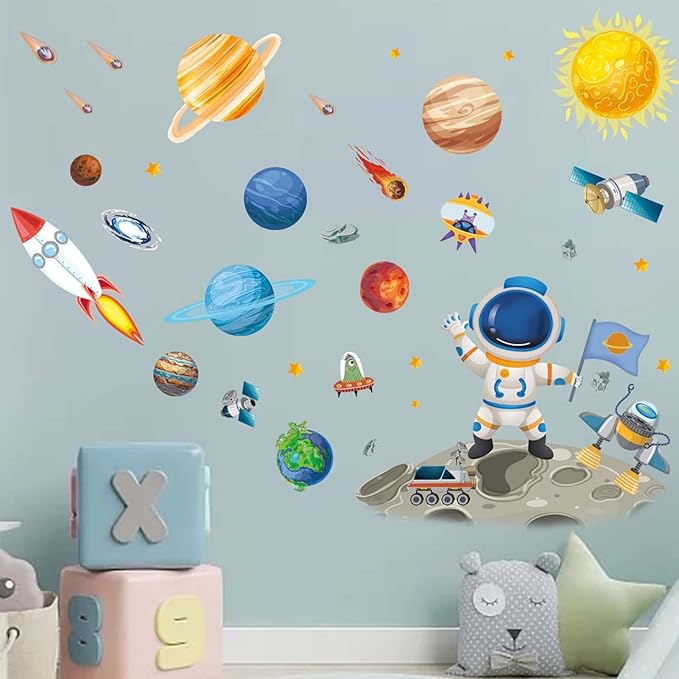 Outer Space Astronaut Wall Stickers - Planets Rocket Boys Wall Decals - Baby Nursery Kids Room Daycare Playroom Classroom Wall Decor