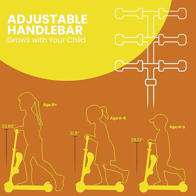 Orange 3 Wheel Scooter with Seat for Kids – Light-Up LED Wheels, Adjustable Handlebar and Seat, Smooth PU Wheels, Wide Anti-Slip Deck, Rear Foot Brake – Toddler Outdoor Toys for Ages 2+