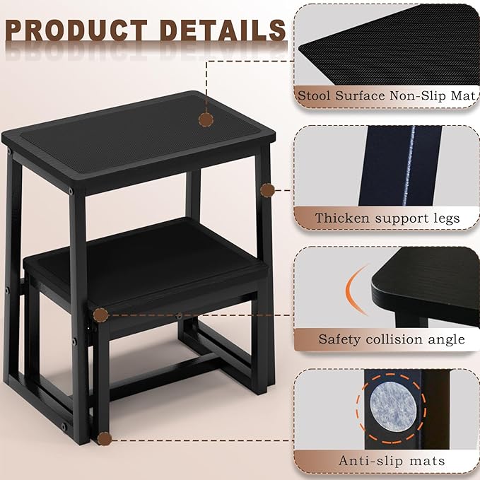 Step Stool for Kids Adults,Holds up to 500Lb,3 in1 Heavy Duty Sturdy Two Foot Stool for Kichen/Bathroom/High beds, Wooden&Metal Frame, Non-Slip Pads…