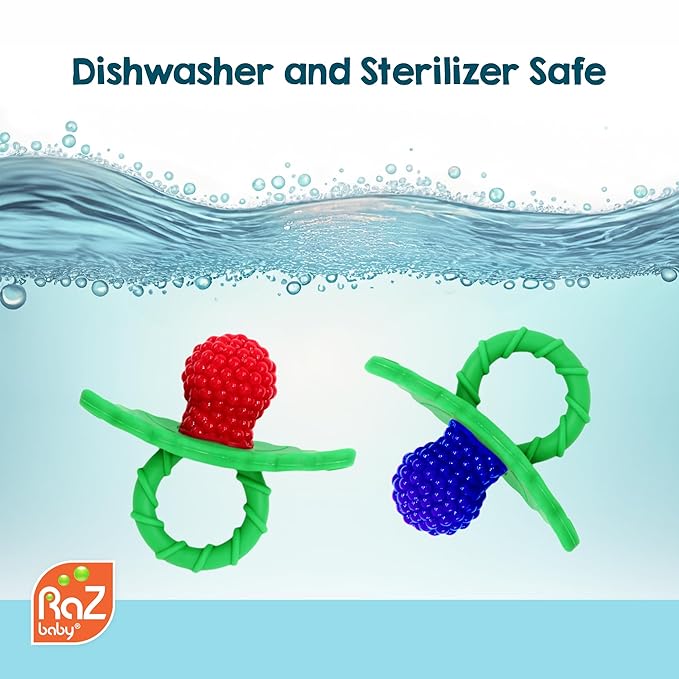 RaZbaby RaZberry Silicone Teether Pacifier – Teething Relief for Infants, Food-Grade, BPA-Free, Hands-Free Design, Natural Berrybumps Fruit Texture for Sensory Development, Freezable – Caramel