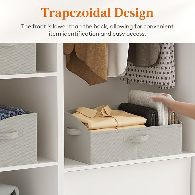 Lifewit Storage Baskets for Shelves, 6 Packs Non-woven Fabric Trapezoid Closet Organizer Bins with Handles, Foldable Clothing Containers Box for Clothes, Toy, Towel, Book, DVD, Hats, Large-Light Grey