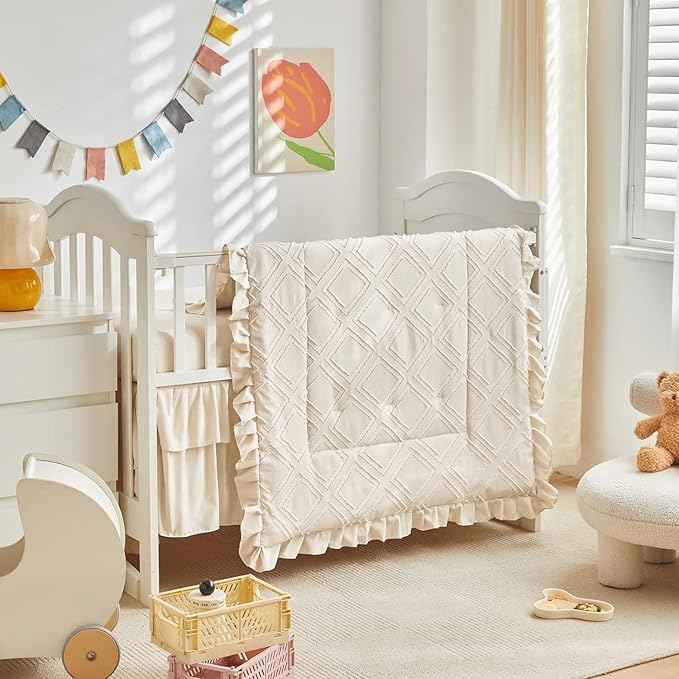 Mini Crib Bedding Set 3 Pieces Baby Boho Quilted Tufted Ruffles Comforter with Fitted Sheet and Ruffled Bed Skirt - Cute Shabby Baby Bedding Fits Mini Crib Only Cream White