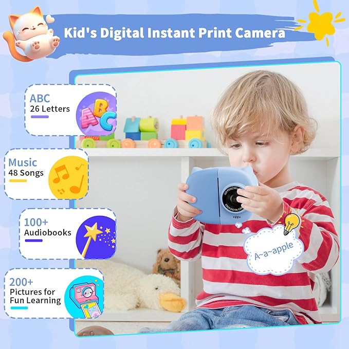 Portable Instant Camera for Kids Print Photos Travel Digital 1080P Video Camera for Toddlers 3 4 5 6 7 8 Year Old Boy Holiday Christmas Birthday Gifts (Blue)