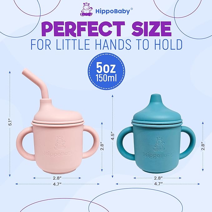 Silicone Transition Sippy Cup for 6+ month old | Includes 1 Toddler straw cup & 1 Baby Sippy Cup with Handles 5 oz | Perfect for Baby Led Weaning (Rose Quartz/SKy, 5 oz)