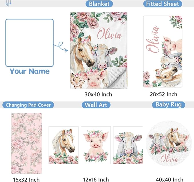 Personalized Floral Animal Crib Bedding Set, 5 Pcs Custom Baby Crib Set with Name, Double Layer Nursery Bedding Set, Soft Baby Bedding Crib Set for Girls, Customized Gift for Toddler Infant
