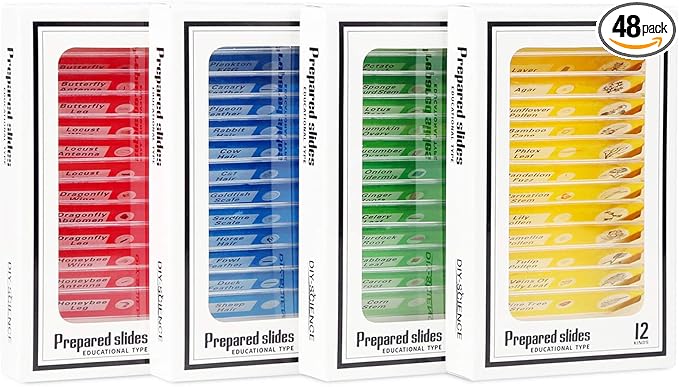 48 Prepared Microscope Slides Set of Animals Insects Plants Flowers, Biological Learning Resource Specimens for Kids Beginner Classroom Basic Science Education