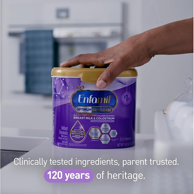 Enfamil Optimum Gentlease Baby Formula, Our Closest Formula to Breast Milk For Fussiness, Crying, Gas & Spit-up, Immune-Supporting Lactoferrin also found in Breast Milk, 19.5 Oz, Pack of 4