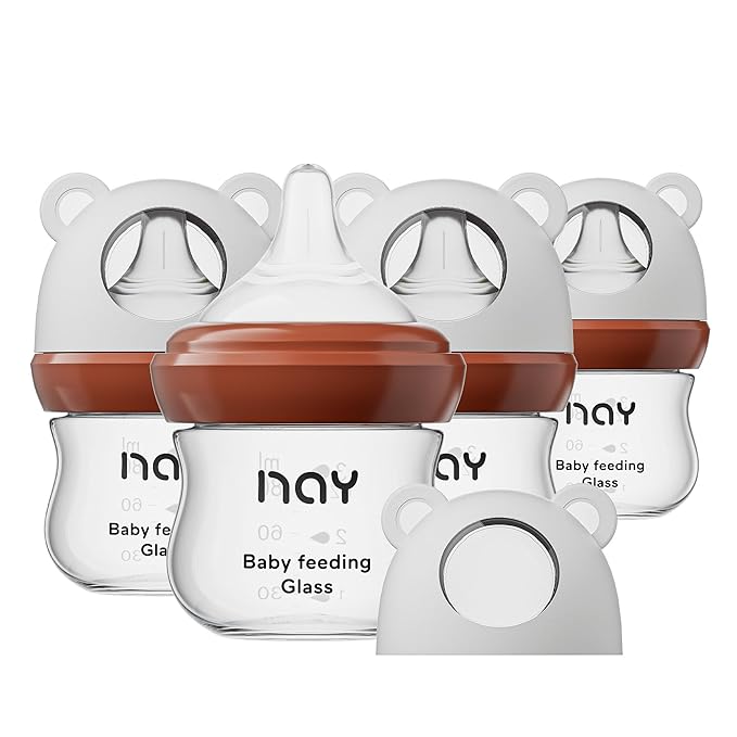 Natural Glass Baby Bottle for Breastfeeding Babies, 3oz Newborn Anti-Colic Baby Bottle with Slow Flow Nipples (SS), Clear, Wide Neck, 4 Pack, 0 Months+