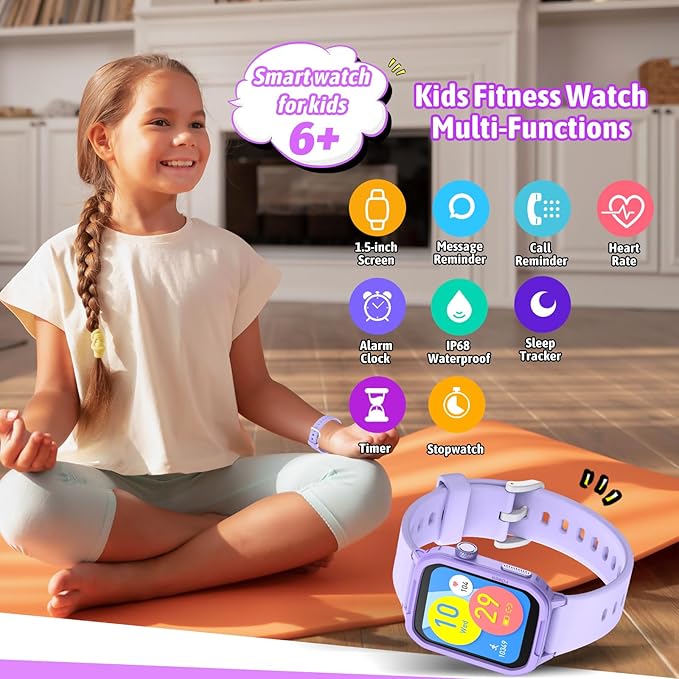 Smart Watch for Kids No Phone Needed, Tempered Glass Fitness Tracker Watch Boy Girl Teens with 19 Sport Modes, Pedometer, Sleep Monitor, Kids Watch Birthday Gifts Toy Gift for Girls Boys 6-16 (Purple)